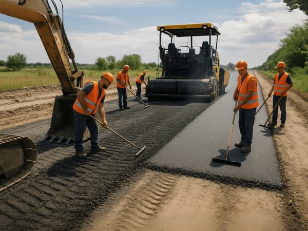 Operai specializzati preparano il sottofondo e stendono il conglomerato bituminoso per una nuova strada