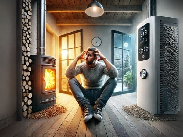 uomo indeciso tra scegliere caldaia a pellet o pompa di calore