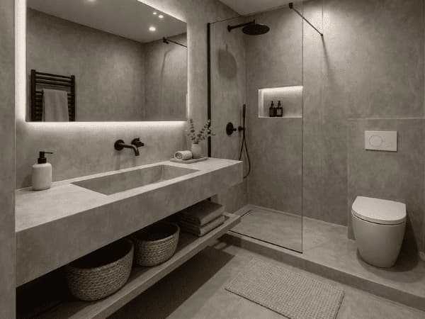 Bagno in microcemento con doccia walk-in e superfici continue