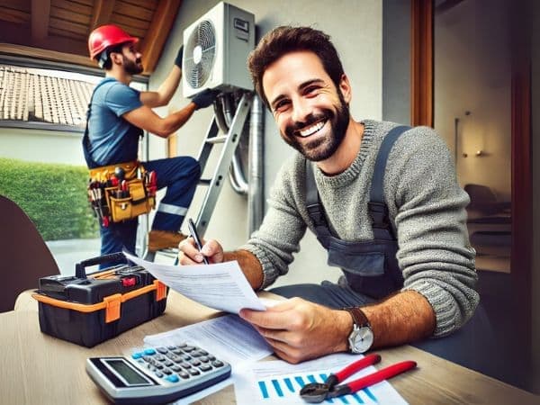 uomo che si informa sulle normative per installazione pompa di calore