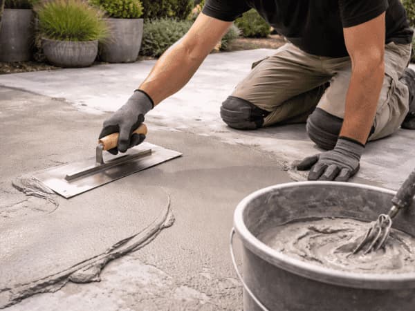 Posa del microcemento con spatola su superficie in lavorazione