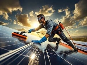 operatore qualificato effettua pulizia pannelli fotovoltaici