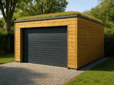 Box auto in bioedilizia con struttura in legno e tetto verde ecologico.
