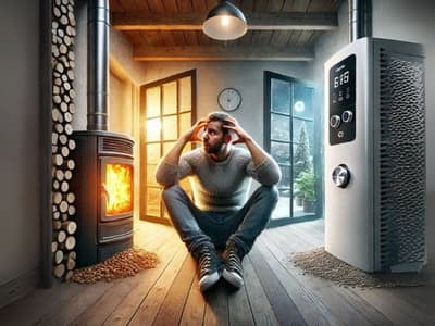 uomo indeciso tra scegliere caldaia a pellet o pompa di calore