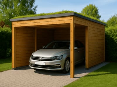 garage da giardino in legno con auto parcheggiata