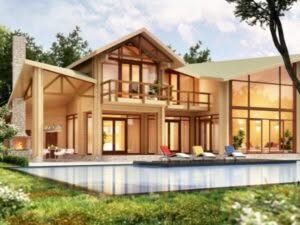 Elegante villa con piscina costruita con struttura in XLAM, caratterizzata da ampie finestre.