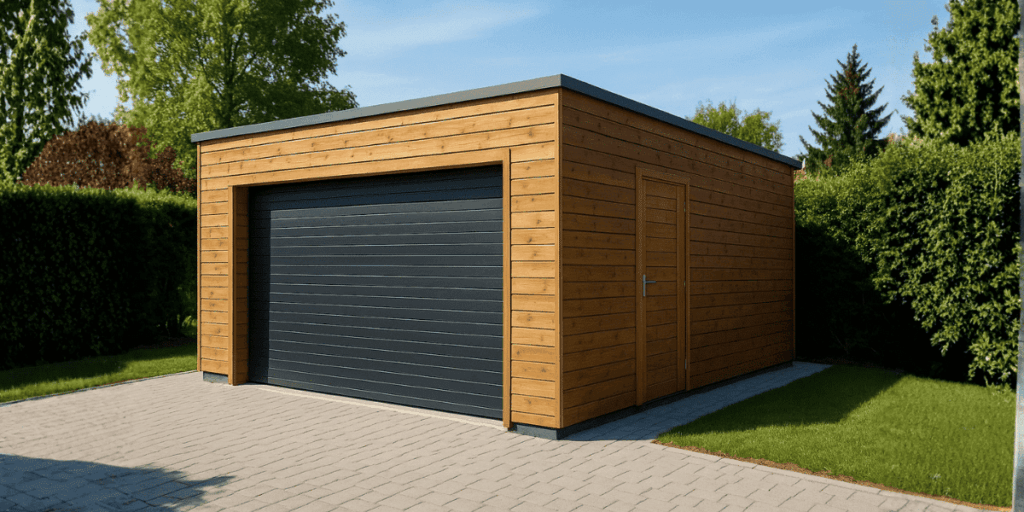 Garage prefabbricato in legno con porta sezionale antracite e accesso laterale, installato in giardino su pavimentazione in autobloccanti.